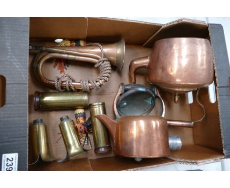 A good mixed collection of brass and copper ware items to include Bugles, copper kettles, trench light fittings etc