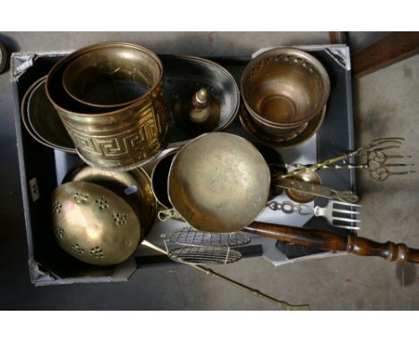 Collection of brass items to include bedpan, fireside tools, candle sticks etc 