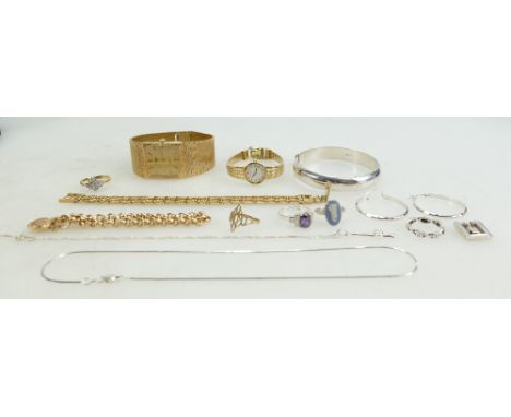 A mixed collection of jewellery to include gold bracelet and ring 10.5g, 2 gold plated watches, plated rings and bracelets pl