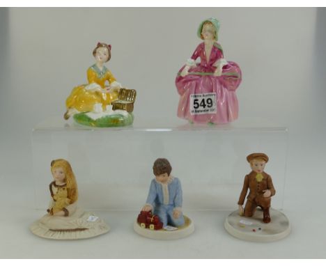 A collection of Wedgwood and Royal Doulton figures to include Wedgwood resin figures of a boy playing with train, boy playing