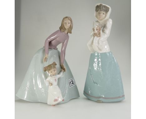 A collection of Nao figures to include Young girl with puppy under jacket and mother and child (height of tallest 21cm) (2)