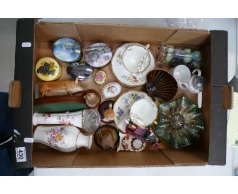 A mixed collection of items to include Carnival glass tray, Royal Crown Derby Posy patterned vases, Royal Doulton ceramic pig