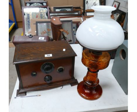 A lift up lid vintage one valve radio receiver and glass oil lamp (2)