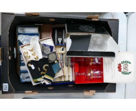 A mixed collection of items to include Merchant Seaman's lapels and button set, commemorative coins, cased cutlery sets, Dart