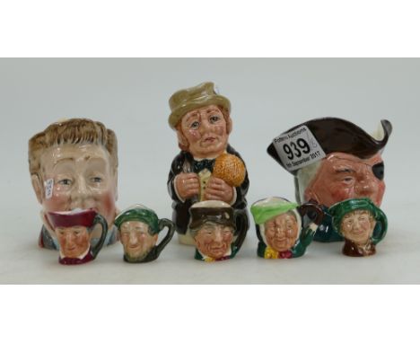 A collection of character jugs to include Royal Doulton tiny Sairey Gamp, The Cardinal and 3 others, Doultonville toby jug Mr