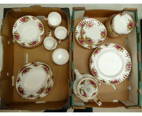 A good collection of Royal Albert old country rose item to include dinner plates, teapot, pasta dishes, cups, saucers, etc (m