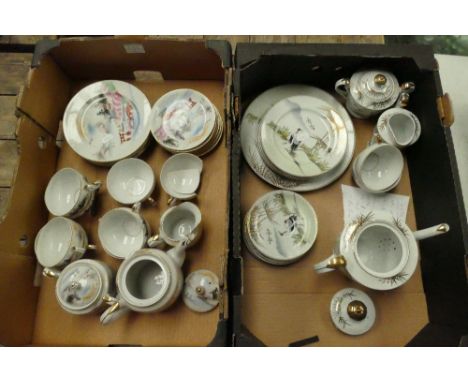 A mixed collection of Oriental style tea ware to include cups, saucers, side plates, etc. (2 Trays)