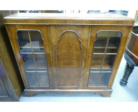 1920's Burr walnut cross banded glazed 3 door display cabinet on bracket feet