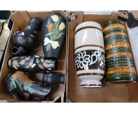 Two large mid century west German ceramic vases together with a collection of black embossed floral Brentleigh vases and  jug