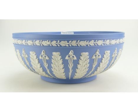 Wedgwood light blue jasper ware footed bowl decorated with Acanthus leaves, diameter 26cm 
