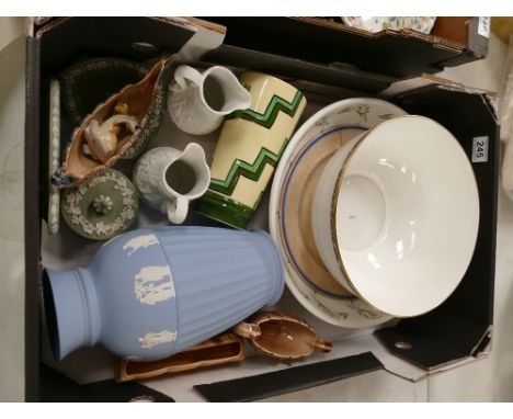 A mixed collection of ceramic itmes in include, Royal Grafton bowl, Jasper ware vase, dishes and trinket boxes; Charlotte Rhe
