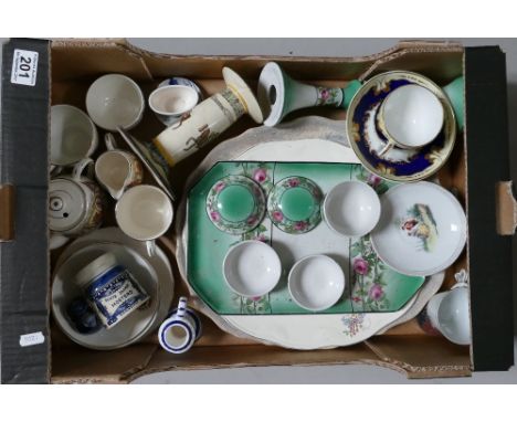 A mixed collection of items to include James Kent commemorative tea set for two, Royal Doulton series ware candlestick, Delft