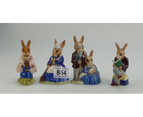 Royal Doulton Bunnykins figures Family Photograph DB1, Grandpa's Story, Dollie Bunnykis Playtime DB8 and Clean Sweep DB6 (4)