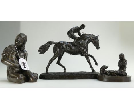 A collection of bronzed resin figures to include racehorse, Mother and child, and children playing with puppies (3)