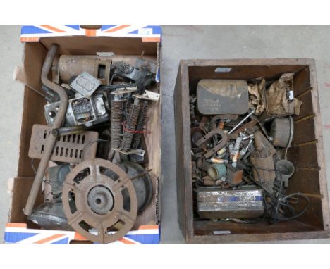 A collection of vintage car sales and accessories including lamps, starter motors etc( 2 trays)