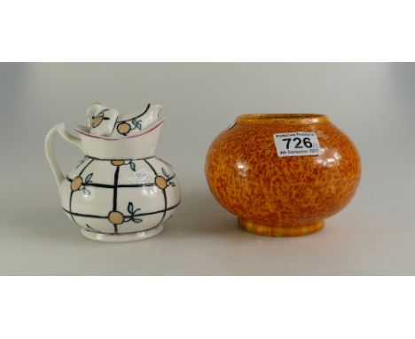 Bursley two cup teapot with fruit decoration together with Crown ducal high fired orange squat vase (2)