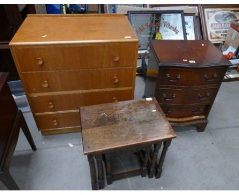 Mahogany Serpentine chest of 3 drawers with a oak nest of tables and light oak chest of 4 drawers (3) 
