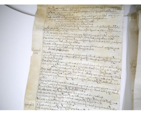 (Cambridgeshire.) A manuscript terrier on vellum dated 1612 of land and boundaries in Dullingham, Cambridgeshire, made by Tho