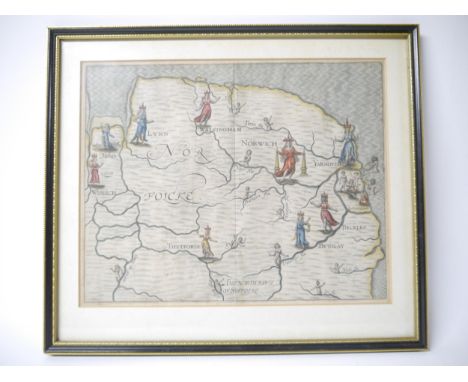 (Norfolk.) Michael Drayton: 'Norfolcke', a scarce engraved hand coloured allegorical map of Norfolk and the north of Suffolk,