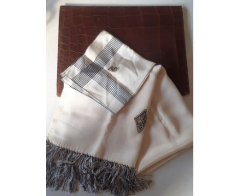 A vintage brown crocodile folio approx 36cm x 28cm together with an early to mid 20th Century cream silk evening scarf having