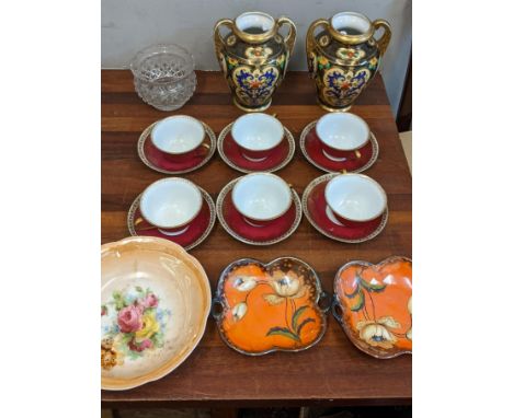 A collection of ceramics and glassware to include a pair of Japanese Noritake vases, Oepiag Royal cups and saucers, a crystal