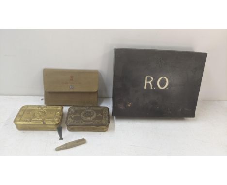 Two WWI Christmas tins and Christmas Fund wallet, one other item and a stamp Location:If there is no condition report shown, 