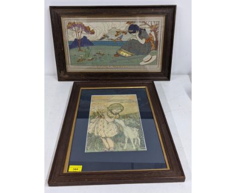A tapestry Little Bo Peep sitting on the grass beside her hat and watercolour depicting a young girl with a goat, neither bea