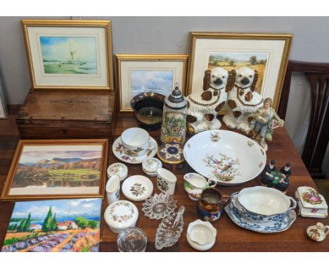 Collectables to include a pair of Staffordshire dogs A/F, a Royal Worcester dressing table set, framed pictures and other ite