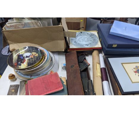 A mixed lot to include collectors plates magic lantern slides, a canteen of cutlery, Victorian kitchenalia, ordinance survey 