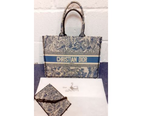A modern blue and light grey fabric fashion bag in the French style with matching purse, approx 16" x 12". Location:Condition