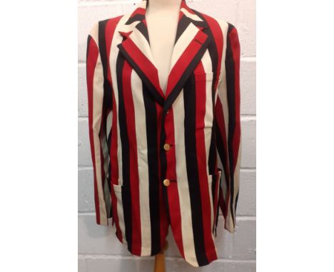 A vintage Bainbridges of Newcastle gents striped blazer in cream, navy and crimson having brass buttons to front and cuffs, a