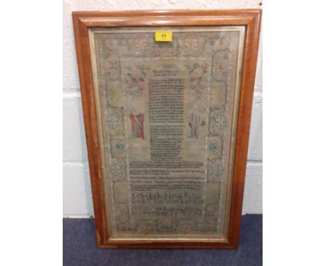 A 1770 fine needlepoint on muslin sampler depicting religious verse from Exodus flanked by a male and female figure in costum