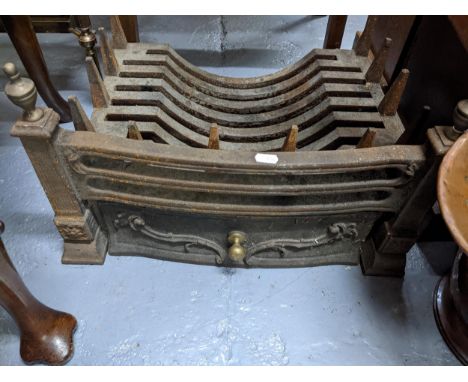 An iron fire grate, Victorian copper coal scuttle and a wooden spirit level Location:If there is no condition report shown, p