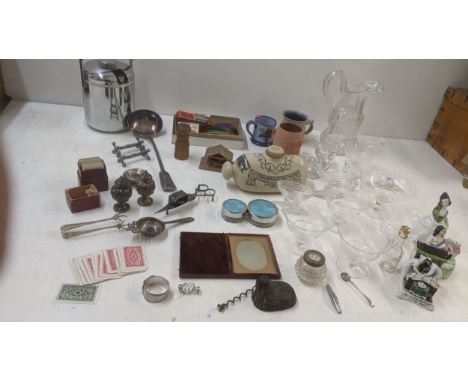 A mixed lot to include daguerreotype, silver plated items, sauce ladle, sugar tongs and others together with a glass pattern 