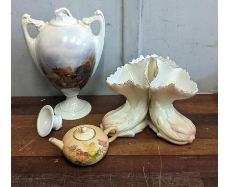 Royal Worcester ceramics to include No 2158, a vase depicting an image of Highland cattle A/F, a Royal Worcester blush miniat