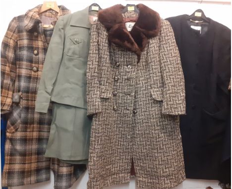 Mixed 1960's-'80's ladies clothing to include 3 woollen coats, a chestnut dyed fur wrap and matched collar and a Windsmoor kh