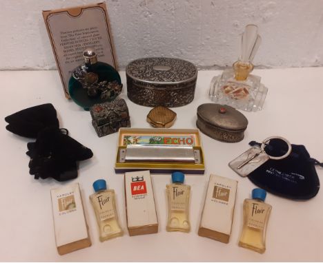 Dressing table items and collectables to include decorative silver tone boxes, an Art Deco clear glass scent bottle, a Hohner