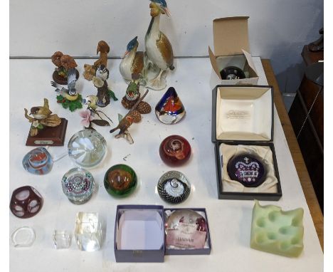 A mixed lot of collectables to include  a boxed Caithness golden jubilee paperweight, continental biro figurines , a white fr