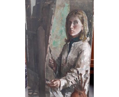EVE LITTLETON (1937 - 2020 British) - Portrait of an artist at her easel (possibly a self portrait), oil on board, unsigned, 
