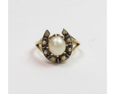 A late Victorian pearl and band agate ring, the central pearl (untested and unwarranted), within a horse shoe alternate set w
