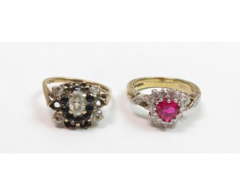 A 9 carat gold cluster ring, 3.6 g gross; with a silver gilt synthetic stone cluster ring                                    