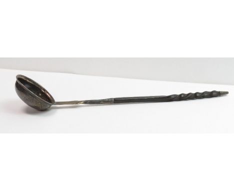 An unusual toddy ladle, the heel of the bowl in the form of a Masonic set square and compass, twist horn handle, 33 cm long  