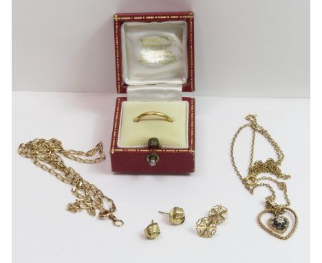 A 22 carat gold plain thin wedding ring, 2 g gross; a 9 carat gold chin; two ear studs; and a pendant on chain; 9.5 g gross  