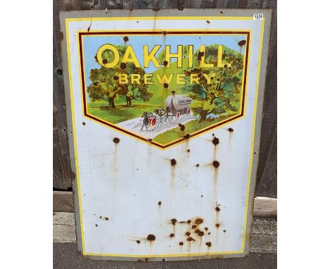 A single sided enamelled metal advertising sign for Oakhill Brewery, with coloured panel to the top of the sign with horses p