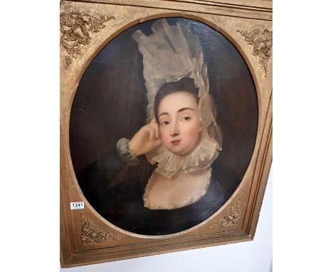 19TH CENTURY ENGLISH SCHOOL - Portrait of a lady wearing a white cap, oil on canvas in oval mount and gilt frame, 69.5cms x 5