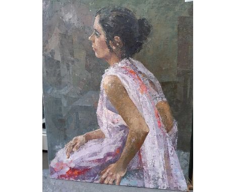 EVE LITTLETON (1937 - 2020 British) - Portrait of a young woman, seated and wearing a pink dress, oil on board, unsigned, unf