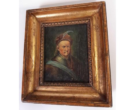 19TH CENTURY CONTINENTAL SCHOOL - Portrait of a gentleman wearing armour and a feathered cap, oil on board, unsigned, in gilt