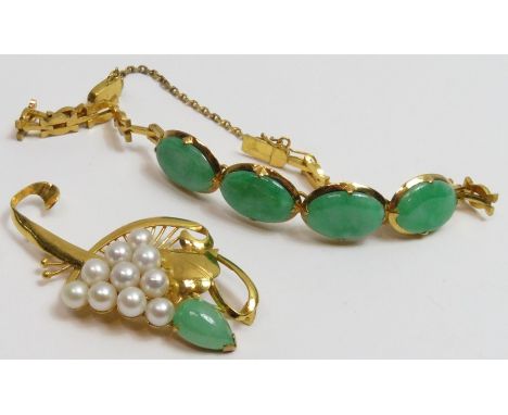 A jade and cultured pearl brooch, unmarked; with a four stone jade panel bracelet, unmarked
