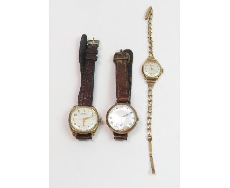 A ladies 9ct gold watch and strap along with a 9ct gold Rotary super sports watch and one other 9ct gold watch