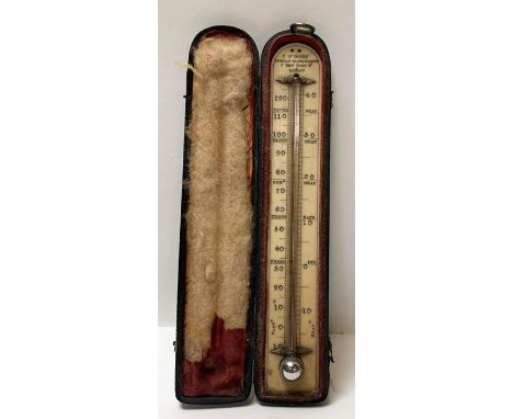 A Victorian barometer by C W Dixey, 3 New Bond St. London, black engraved scale on ivory back and in original leather covered